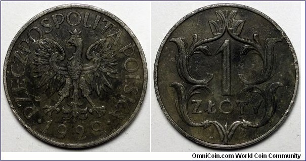 Poland, 1929 1 Zloty, dark staining, Y#14.