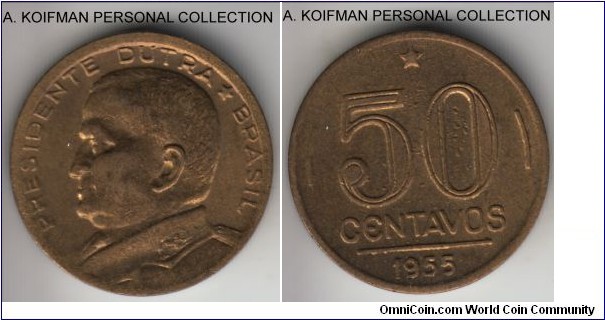 KM-563, 1955 Brazil 50 centavos; aluminum-bronze, plain edge; president Dutra type bust obverse, abut uncirculated, but struck with severely degraded and rusted reverse due.