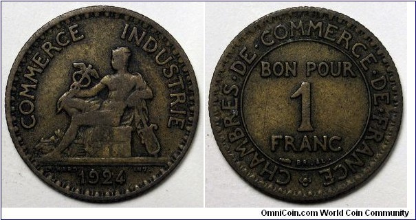 France, 1924 1 Franc, Open 4, KM#876.
