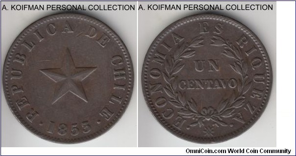 KM-127, 1853 Chile centavo; copper, plain edge; very fine or about.
