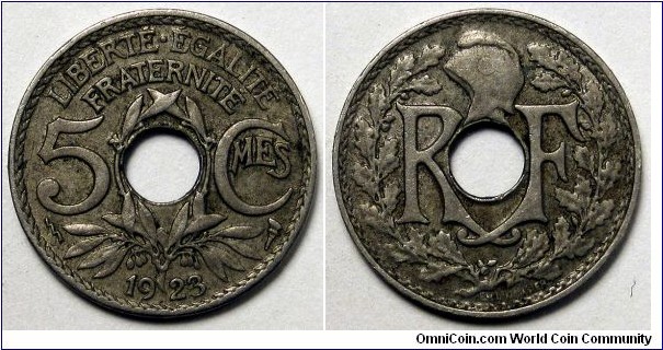 France, 1923 5 Centimes, Poissy Mint(Thunderbolt), KM#875.