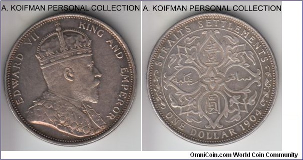 KM-25, 1904 Straits Settlements dollar, Heaton mint; silver, reeded edge; good very fine or so; the craftsmanship seems to be lacking, so I suspect that it may be a counterfeit strike.