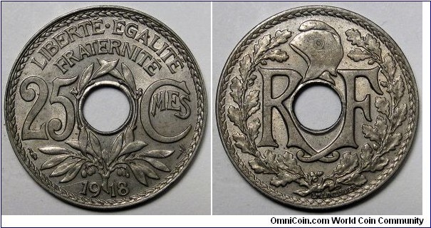 France, 1918 25 Centimes, KM#867a.