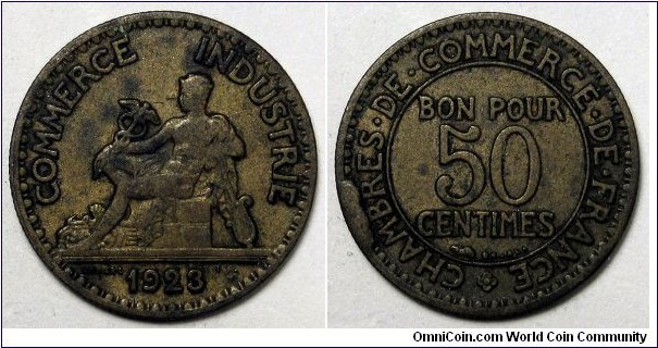 France, 1923 50 Centimes, large cud at 8:00 on reverse,  KM#884.