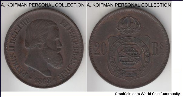 KM-474, 1868 Brazil (Empire) 20 reis; bronze, plain edge; first year of the type, dark brown about uncirculated.