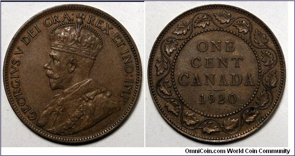 Canada, 1920 1 Cent, hints of luster, KM#21.