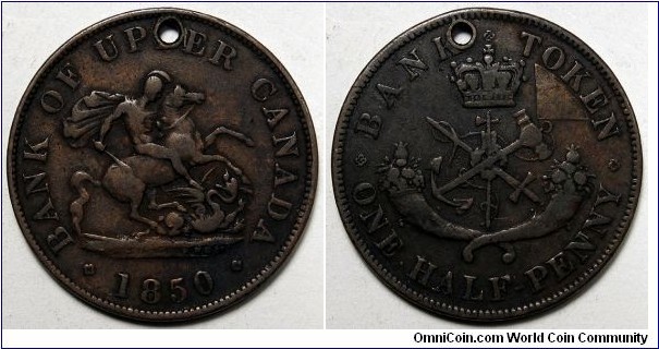 Canadian Provinces, 1850 ½ Penny, holed, CCT# PC-5.