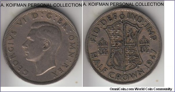 KM-866, 1947 Great Britain 1/2 crown; copper-nickel, reeded edge; circulated very fine or about.