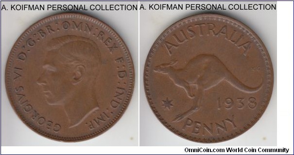 KM-36, 1938 Australia penny, Melbourne mint (no mint mark); bronze, plain edge; good extra fine to about uncirculated, nicer grade coin.