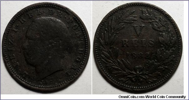 Portugal, 1882 5 Reis, Corroded, KM# 525.