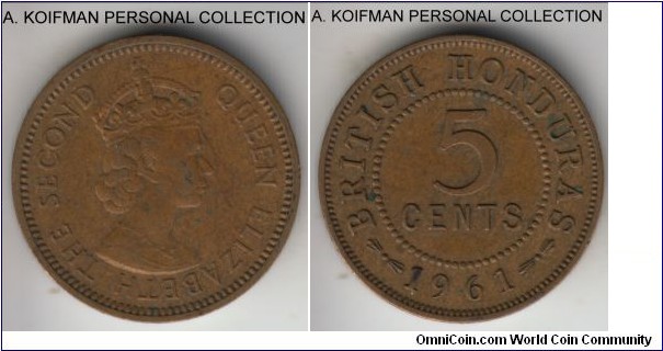 KM-31, 1961 British Honduras 5 cents; nickel-brass, plain edge; darker toned about extra fine, mintage of 100,000.