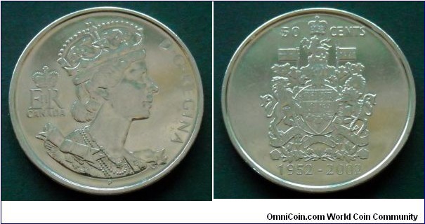Canada 50 cents.
2002, 50th Anniversary of the Accession of Queen Elizabeth II.