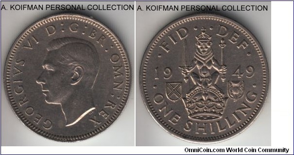 KM-877, 1949 Great Britain shilling; copper-nickel, reeded edge; Scottish crest, good extra fine.