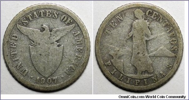 Philippines, 1907 10 Centavos, Cleaned, KM#169.