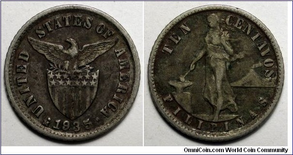 Philippines, 1935-M 10 Centavos, KM#169.