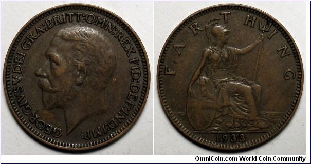 United Kingdom, 1933 Farthing, 	KM# 825.