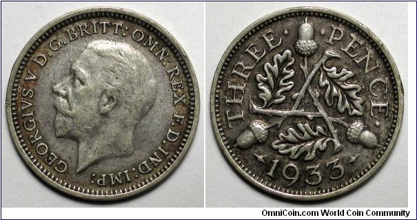 United Kingdom, 1933 3 Pence, KM#831.