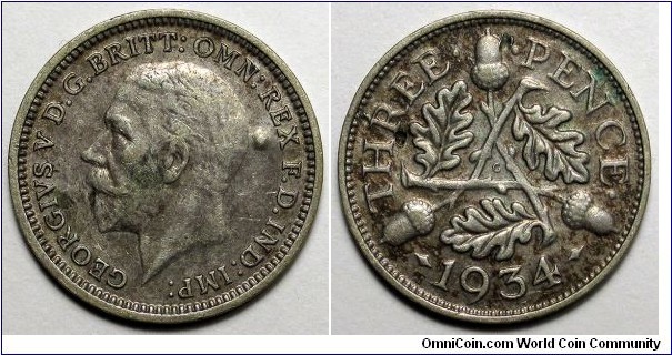 United Kingdom, 1934 3 Pence, Reverse dents, KM#831.