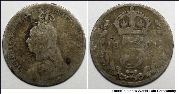 United Kingdom, 1891 3 Pence, KM#758.
