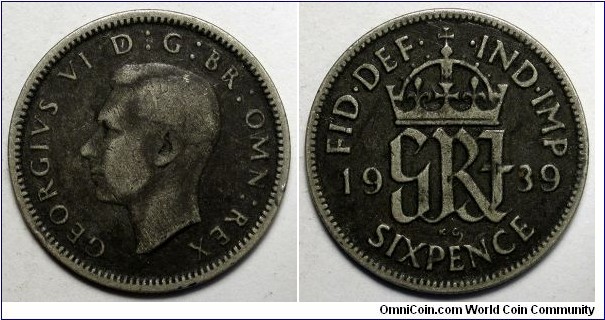 United Kingdom, 1939 6 Pence, KM#852.