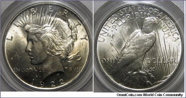 1922 Peace Dollar, PCGS MS-63.