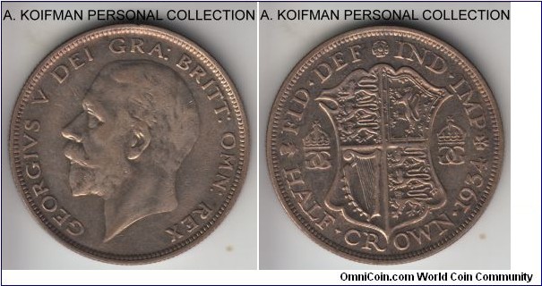 KM-825, 1934 Great Britain 1/2 crown; silver, reeded edge; second scarcest year of the type, very fine to good very fine.