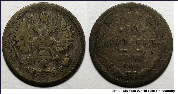 Russian Empire, 1902 AP 10 Kopecks, Y#20a.2.