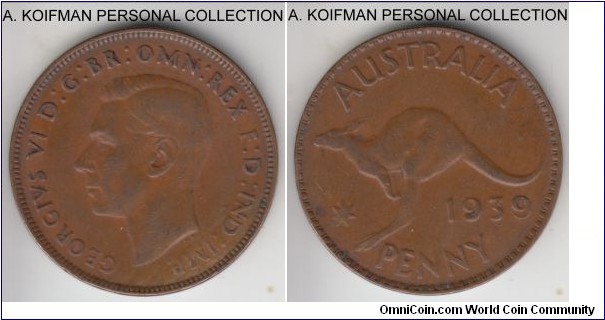 KM-36, 1939 Australia penny, Melbourne mint (no mint mark); bronze, plain edge; very fine or about.