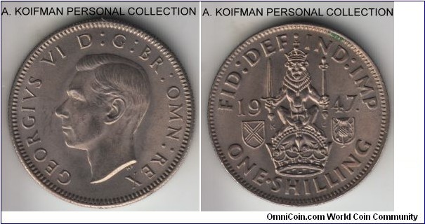 KM-864, 1947 Great Britain shilling; copper-nickel, reeded edge; Scottish crest, average uncirculated.