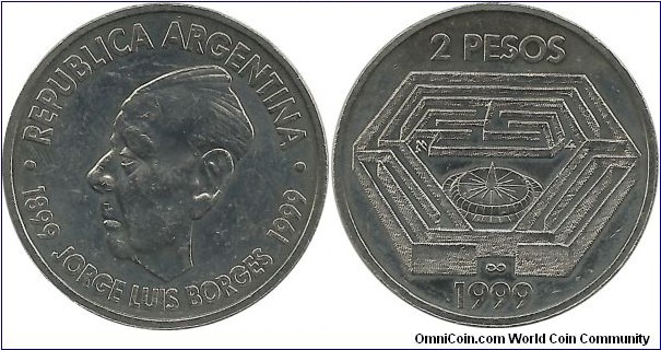 Argentina 2 Pesos 1999 - 100th Birth of Jose Luis Borges
