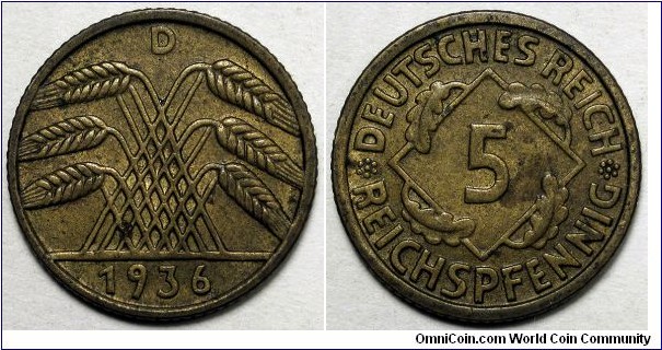 Germany, 1936-D 5 Reichspfennig, KM#39.