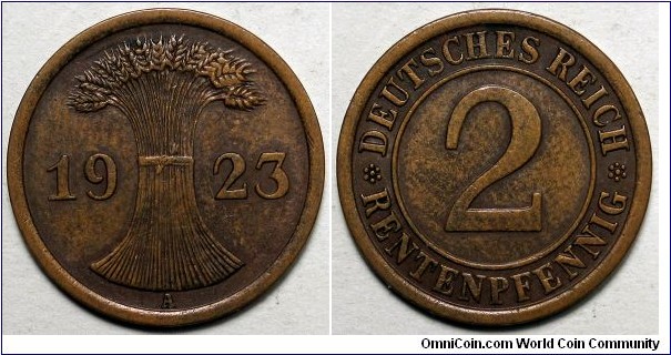 Germany, 1923-A 2 Rentenpfennig, KM#31.