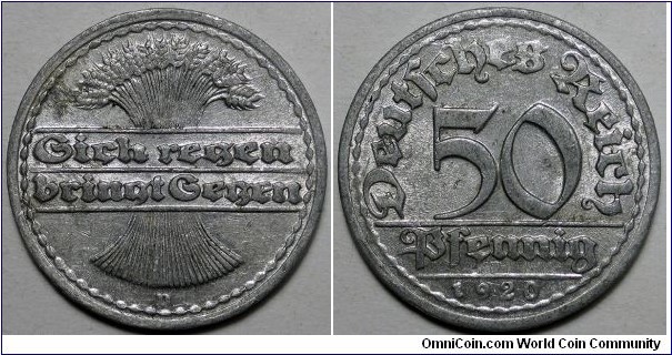 Germany, 1920-D 50 Pfennig, KM#27.
