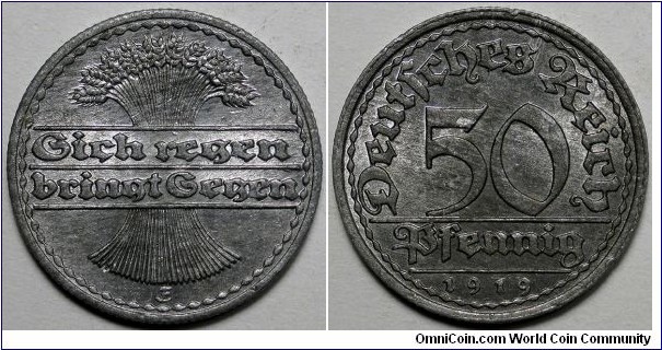 Germany, 1919-E 50 Pfennig, 930,000 Mintage, KM#27.
