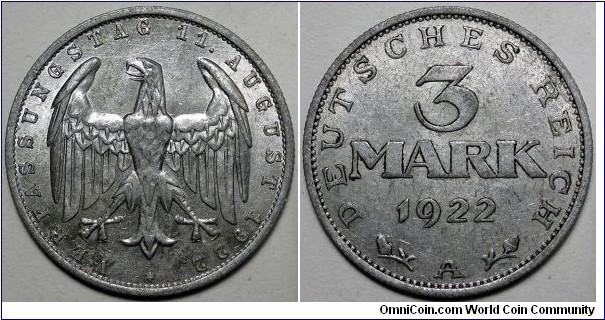 Germany, 1922-A 3 Mark, Obv. Uncirculated/ Rev. VF, KM#29.