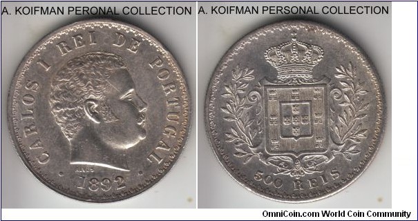 KM-535, 1892/1 Portugal 500 reis; silver, reeded edge; overdated, nice uncirculated lustrous coin, few bagmarks and a thin scratch across King's effigy and a tiny rim bump on obverse, reverse is as struck.
