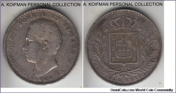 KM-509, 1889 Portugal 500 reis; silver, reeded edge; fine or so, small rim nick on obverse.