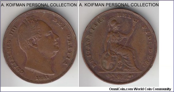 KM-705, 1831 Great Britain farthing; copper, plain edge; first year of William IV mintage, decent very fine or better, strong rims, wiped in the past.