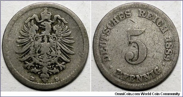 Germany, 1889-D 5 Pfennig, KM#3.