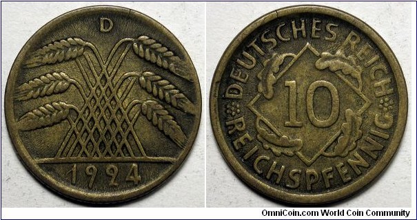 Germany, 1924-D 10 Reichspfennig, KM#33.