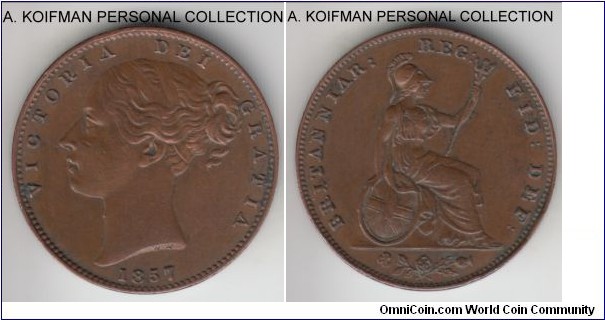 KM-725, 1857 Great Britain farthing; copper, plain edge; nice chocolate brown extra fine or about.