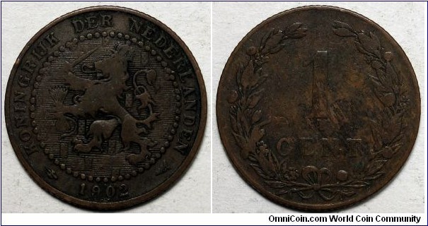 Netherlands, 1902 1 Cent, Mint mark far from date, KM#132.
