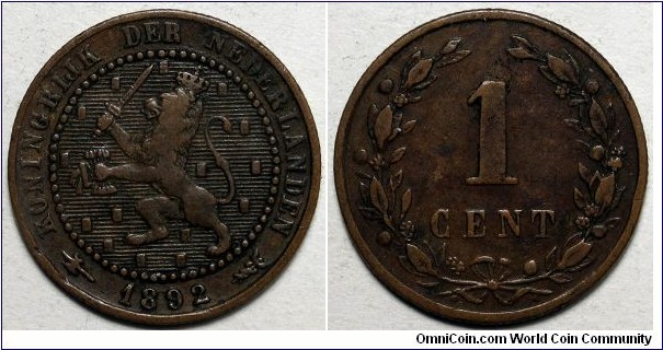 Netherlands, 1892 1 Cent, KM#107.