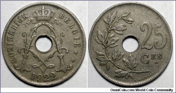 Belgium, 1922 25 Centimes, KM#69.