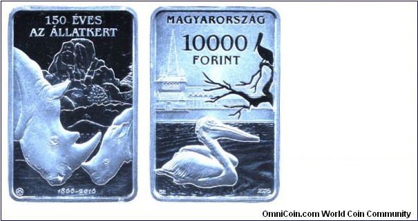 Hungary, 10000 forint, 2016, Ag, 39.6mm, 31.46g, rectangular shape, Pelican, 150th Anniversary of the Budapest Zoo.
