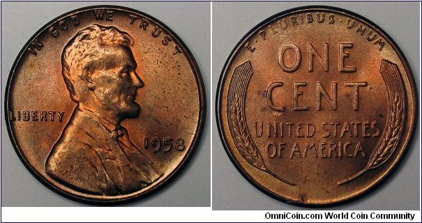 1958 Wheat cent, dark orange toning.