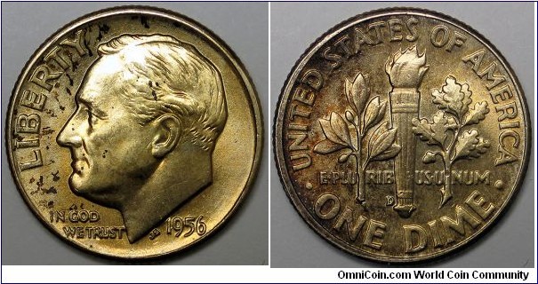 1956-D Roosevelt Dime, gold and red toning.