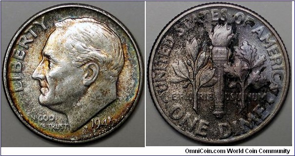 1946-S Roosevelt Dime, rainbow toned obverse, black and purple reverse.