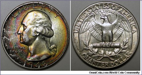 1948 Washington Quarter, wild rainbow toning on obverse.