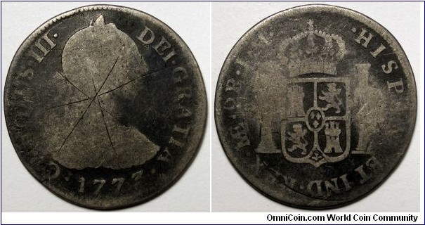 Peru, 1773 2 Reales, Obverse scratches, KM#76.
